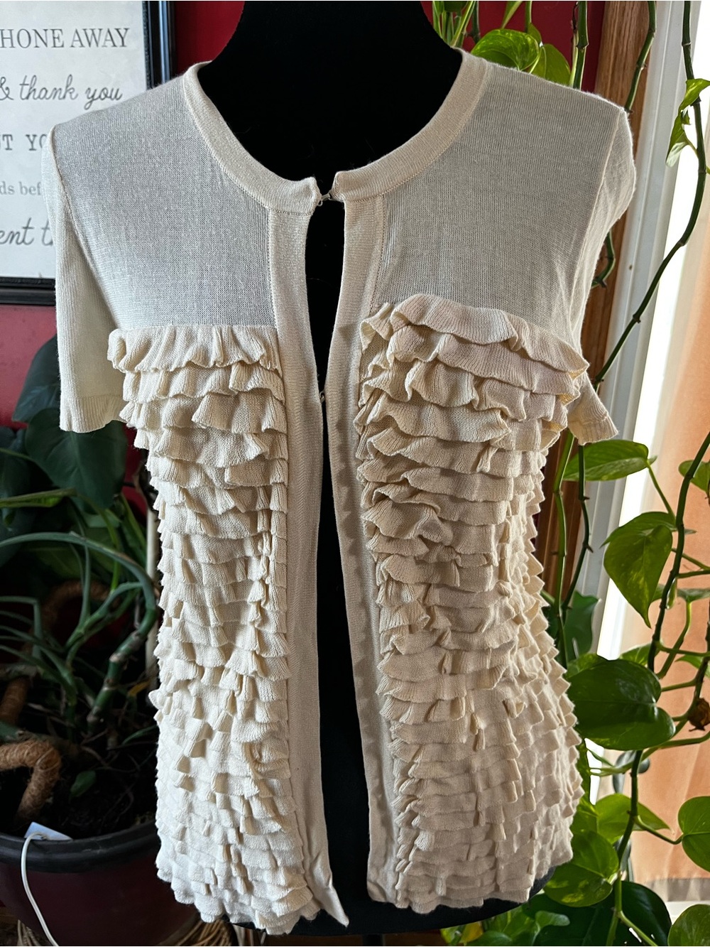 J. Crew Cream Short-Sleeve Ruffle Front Cardigan